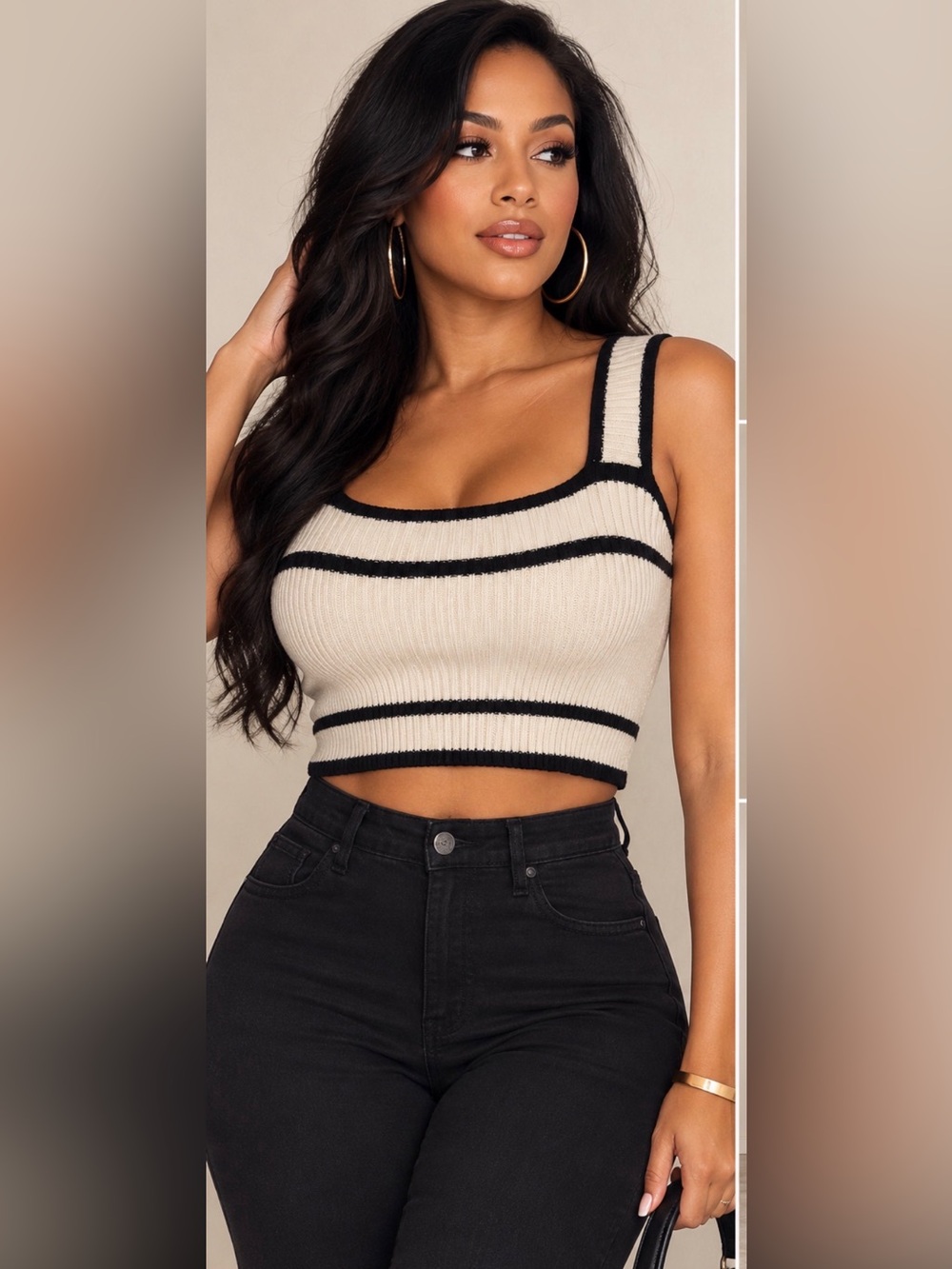 SHEIN Women’s Black Cream Striped Ribbed Knit Crop Tank Top Size M